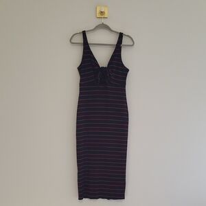 Express Midi Tank Dress Medium Stripe Black Pink Ribbed Knit Tie Front Keyhole